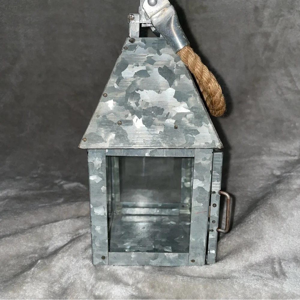 Industrial Galvanized Metal Lantern with Thick Rope Handle Gray Farmhouse Decor